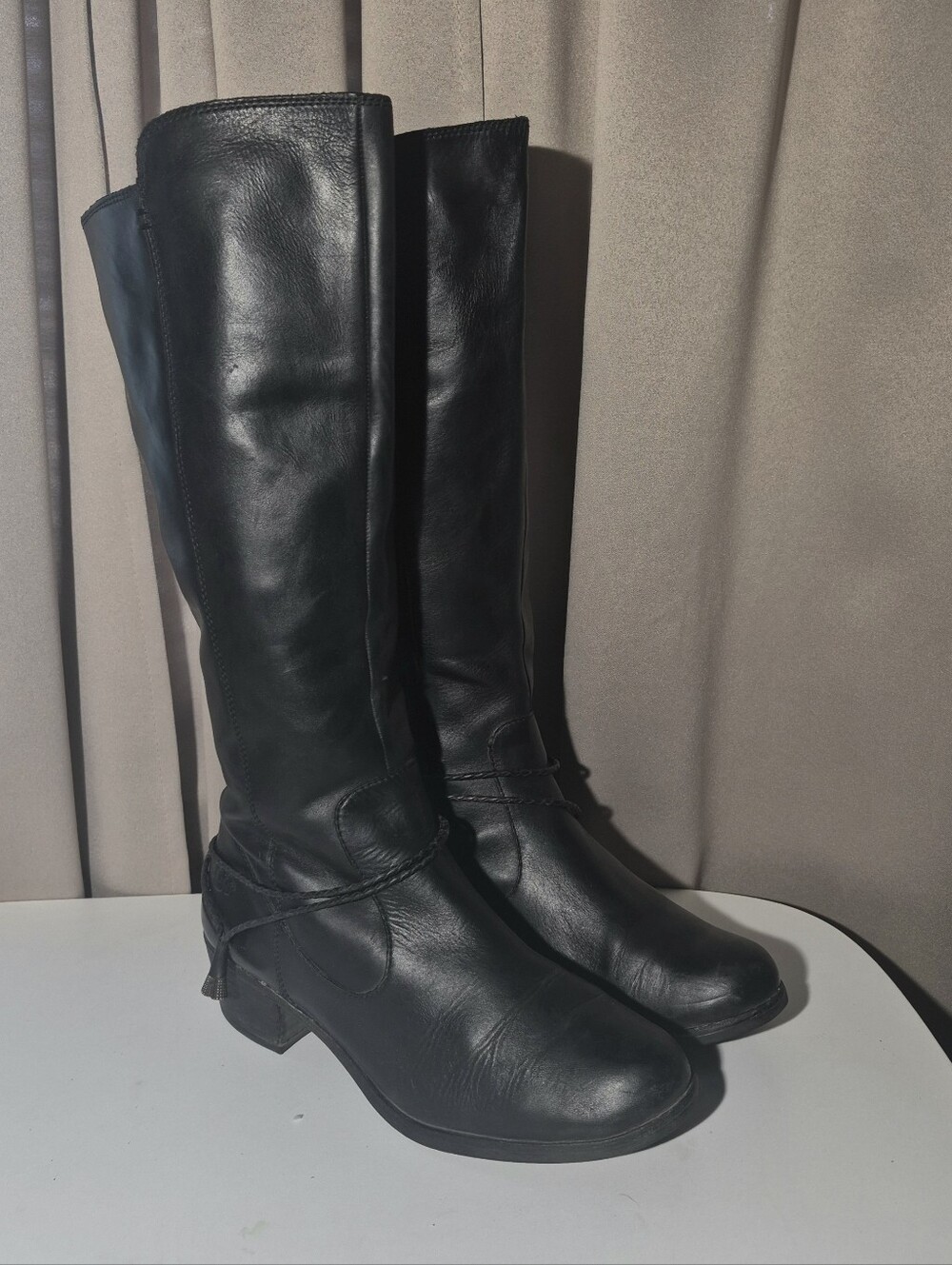 UGG Cierra Black Leather Tall Boots with Braided Ankle Wrap - Size 10